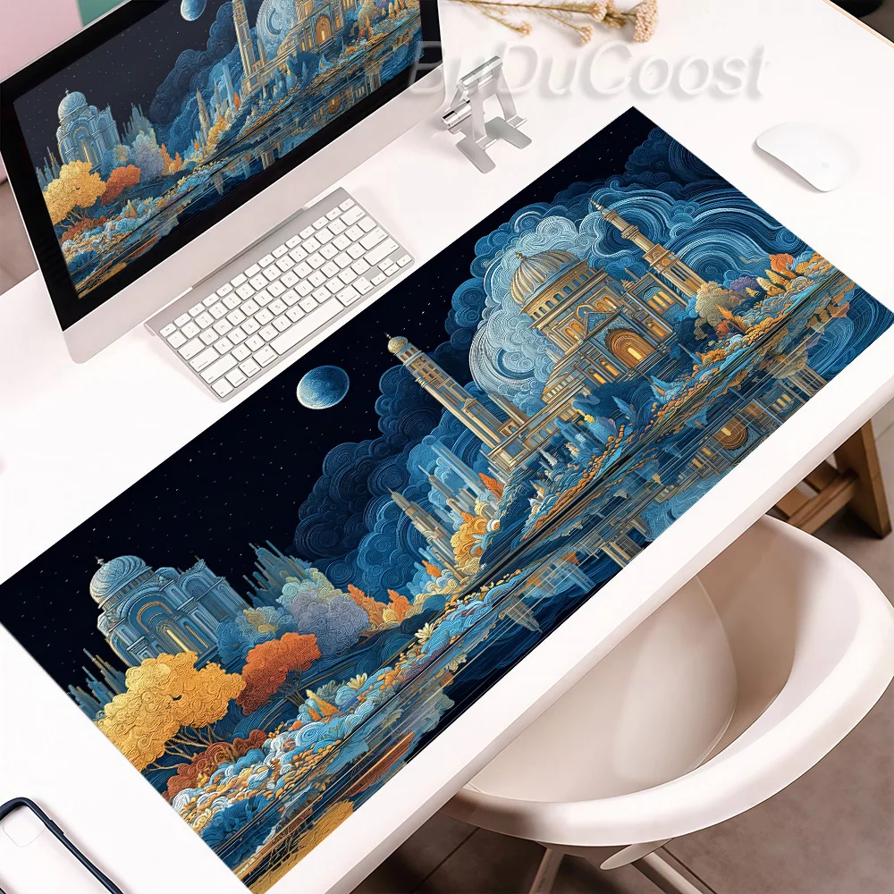 Watercolor Chinese Ancient Pavilion Large Mouse Pad Moon Lake Boat Mountain Scenery Art Desk Mat for Home Office Gaming Decor