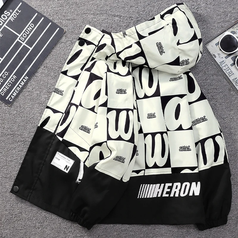 Teenager Boys Color Block Hooded Jacket 2026 Children Spring Autumn Handsome Letter Print Windbreak Coat Kids Clothes Outerwear