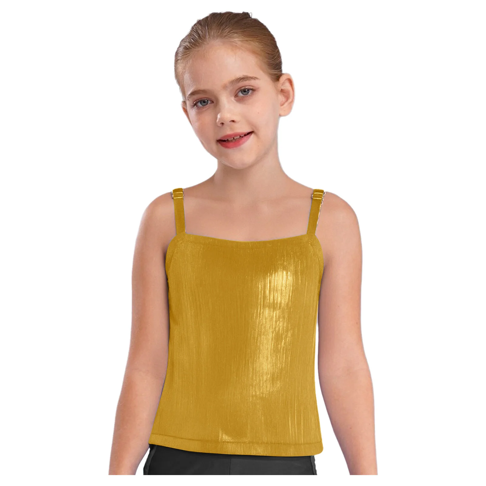Kids Girls Jazz Dance Costumes Adjustable Straps Metallic Camisole Crop Top Vest+Shimmery Ruffled Skirt Carnival Party Dancewear