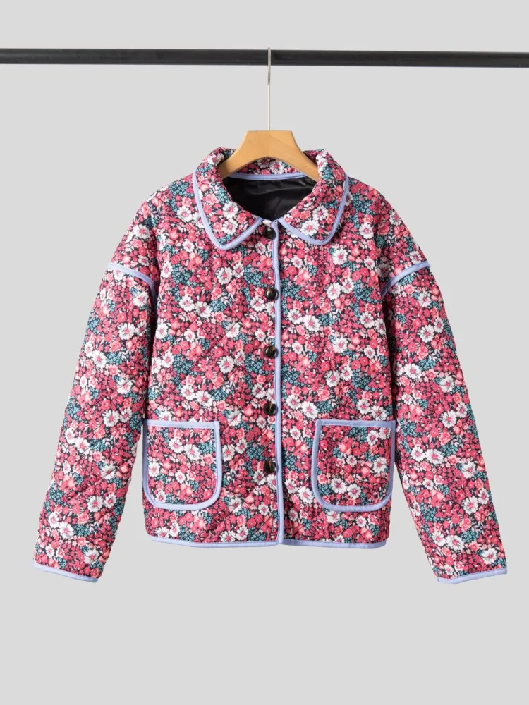 

Хлопковая куртка с цветочным принтом, женская модная однобортная стеганая куртка с длинными рукавами и карманами, новинка 2025, осенне-зимние парки, верхняя одежда