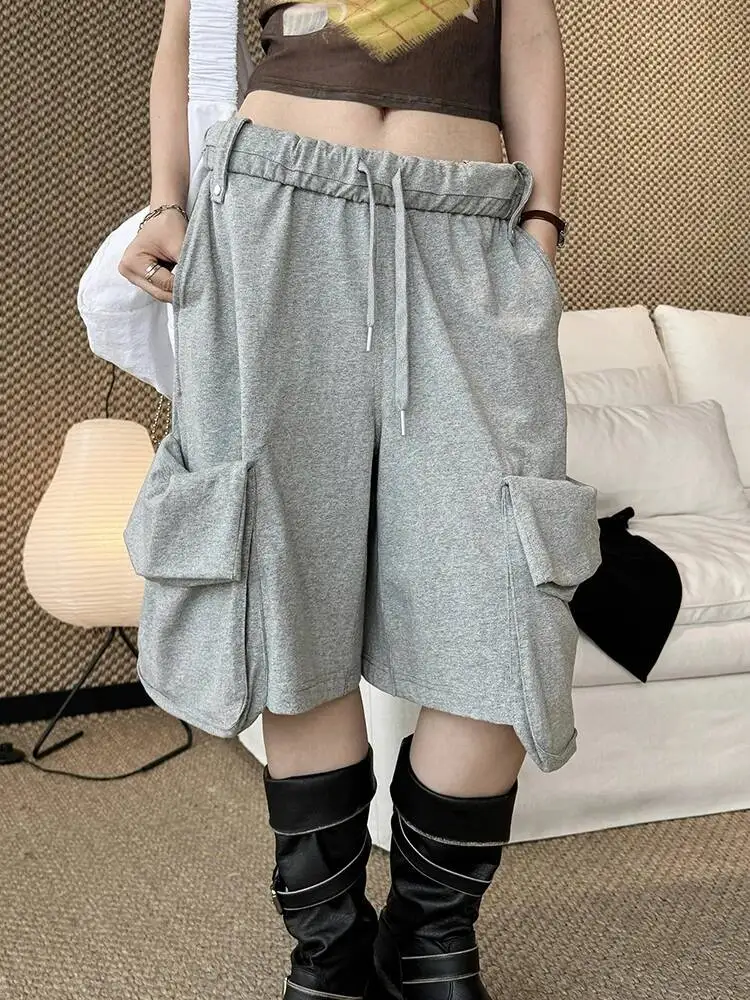 

High Elastic Waist Blue Pockets Casual Knee Length Cargo Pants New Trousers Women Fashion Tide Spring Summer