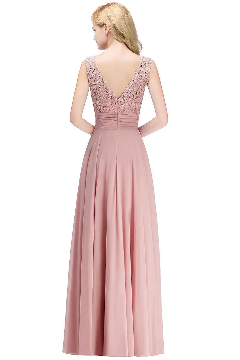 2024 New Style Pink Lace Prom Dress Long Maxi Sleeveless Chiffon Skirt with Lace Bodice Illusion Neck V-Back Formal Party Dress