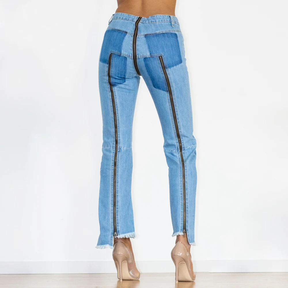 Shascullfites Dance Denim Pants Light Blue Women Trend Front To Back Zipper Jeans Pants Open Crotch Jeans