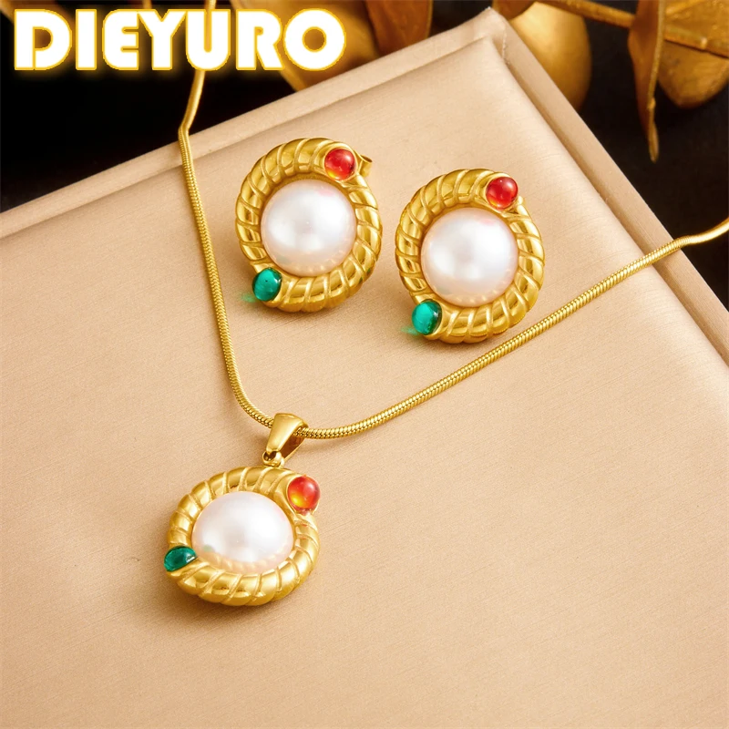 DIEYURO 316L Stainless Steel Rhinestones Golden Woven Round Pearl Pendant Necklace Earrings Set New Non-fading Luxury Jewelry
