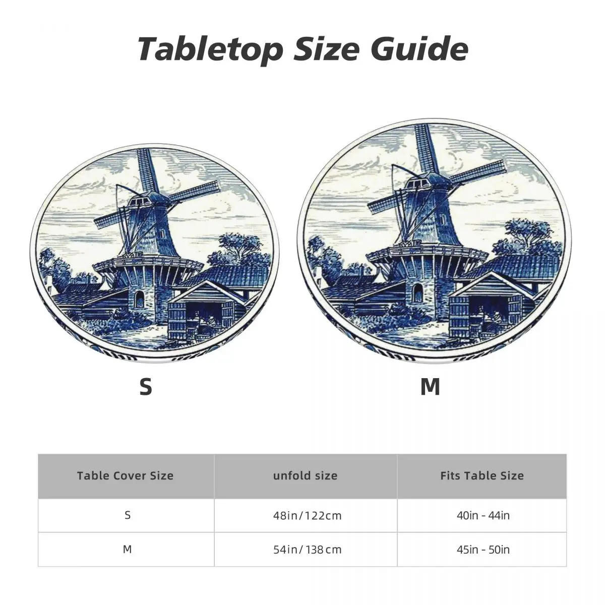 Round Waterproof Oil-Proof Dutch Blue Delft Vintage Windmill Art Tablecloth Backing Elastic Edge Table Covers Table Cloth