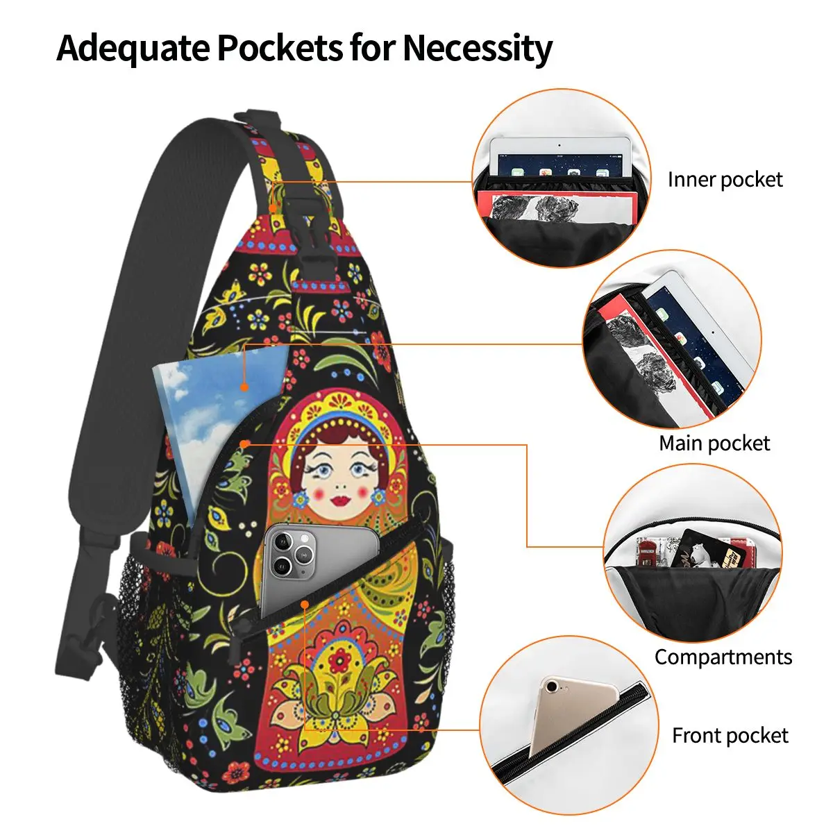 Russian Doll Matryoshka Chest Bag Men Sling Crossbody Backpack Chest Bag Travel Hiking Daypack Shoulder Bag