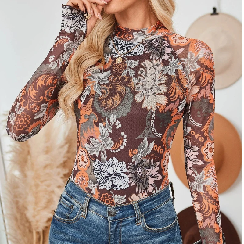 

Женский кружевной топ с высоким воротником и длинными рукавами с цветочным принтом, весна 2026, утягивающая футболка, элегантная и модная рубашка с длинными рукавами