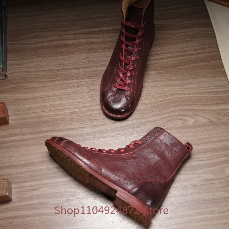 British Vegetable Tanned Camel Leather High Top Lace Up Genuine Leather  Ankle Boots Men's Casual Work Chelsea Motorcycle Male