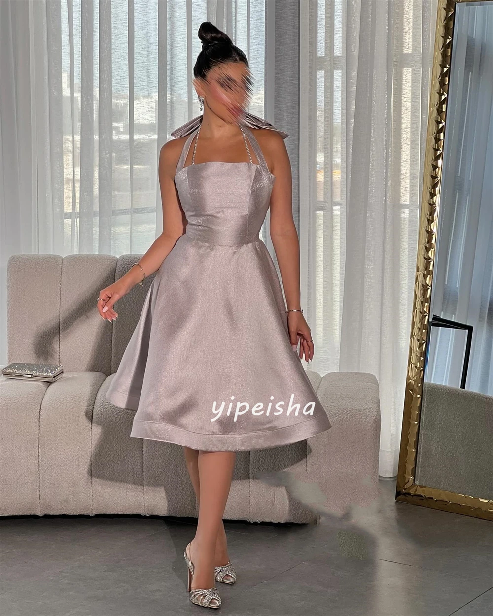 Customized High Quality Satin Pleat Bow A-line Halter Knee Length Dresses Celebrity Dresses Classic Fashion Simple Exquisite Ele