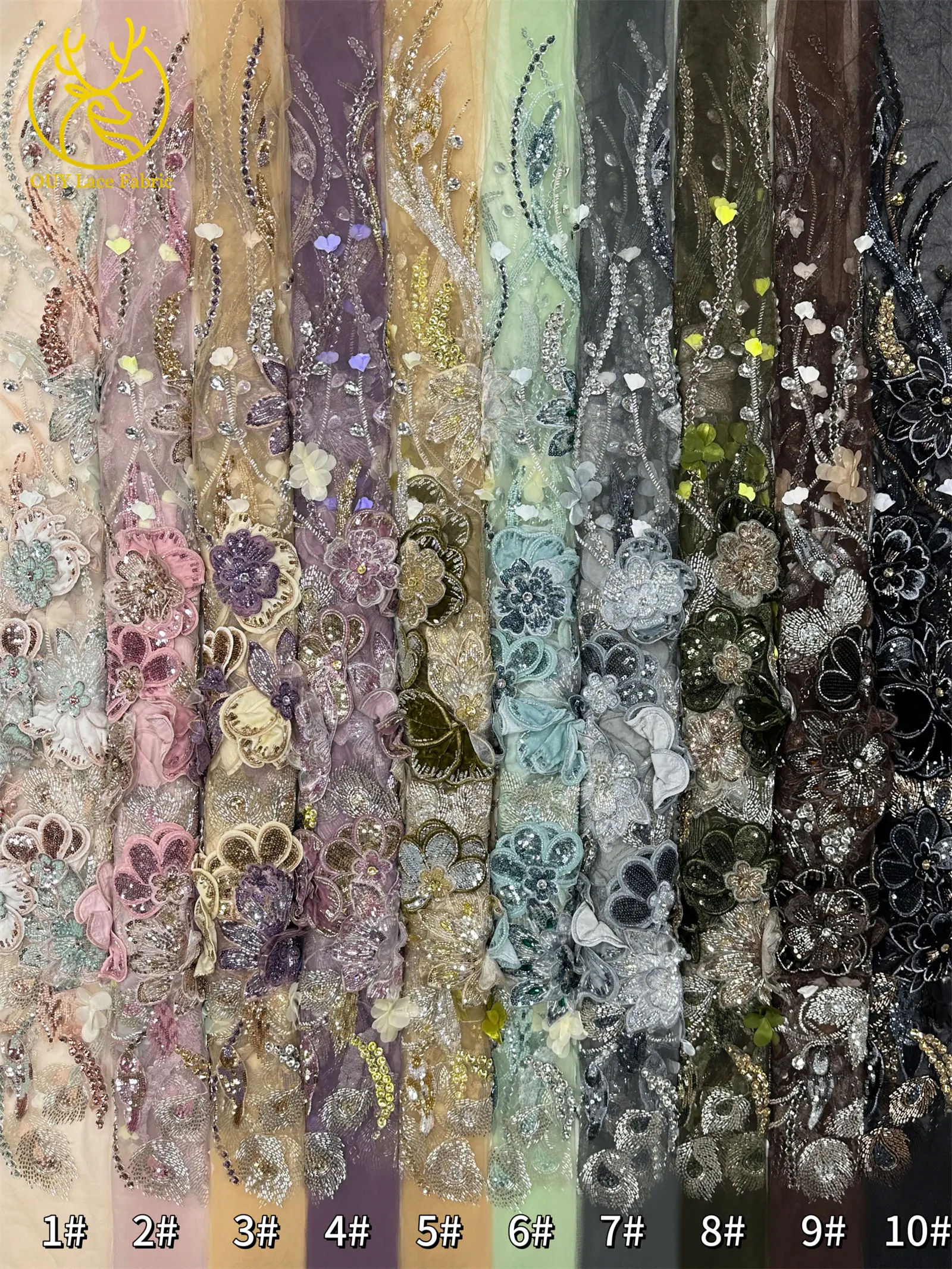 Handgefertigter Luxus Maßgeschneiderter 3D-Stickerei-Blumen-Edelstein-Spitzenstoff Afrikanischer Perlen-Pailletten-Spitzenstoff für Brautkleider – Detail 18