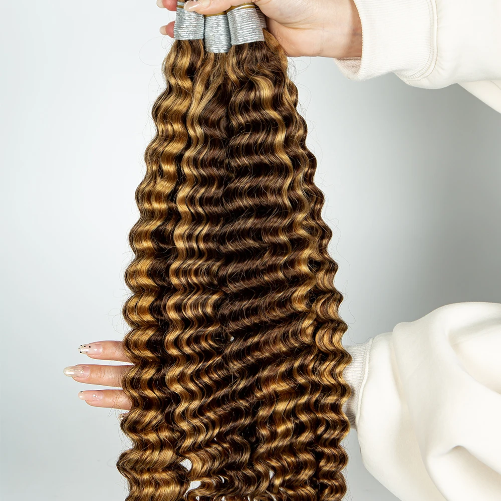 Human Hair Bulk Extensions Highlighted Deep Wave Hair Bulk for Braiding Virgin Human Hair Extension Bulk Hair Salon Use