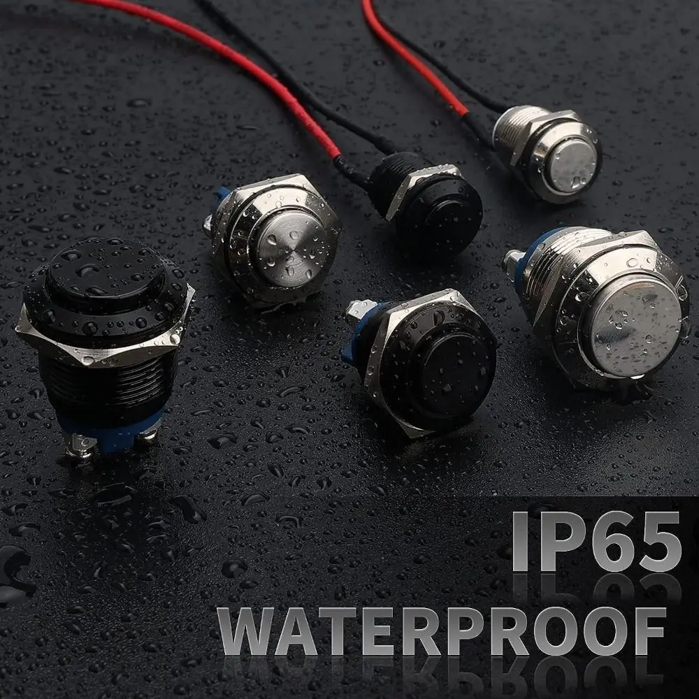 Widely Application 12mm Momentary Push Button Switch with pre-Wiring Black Shell 1 Normally Open IP65 Waterproof