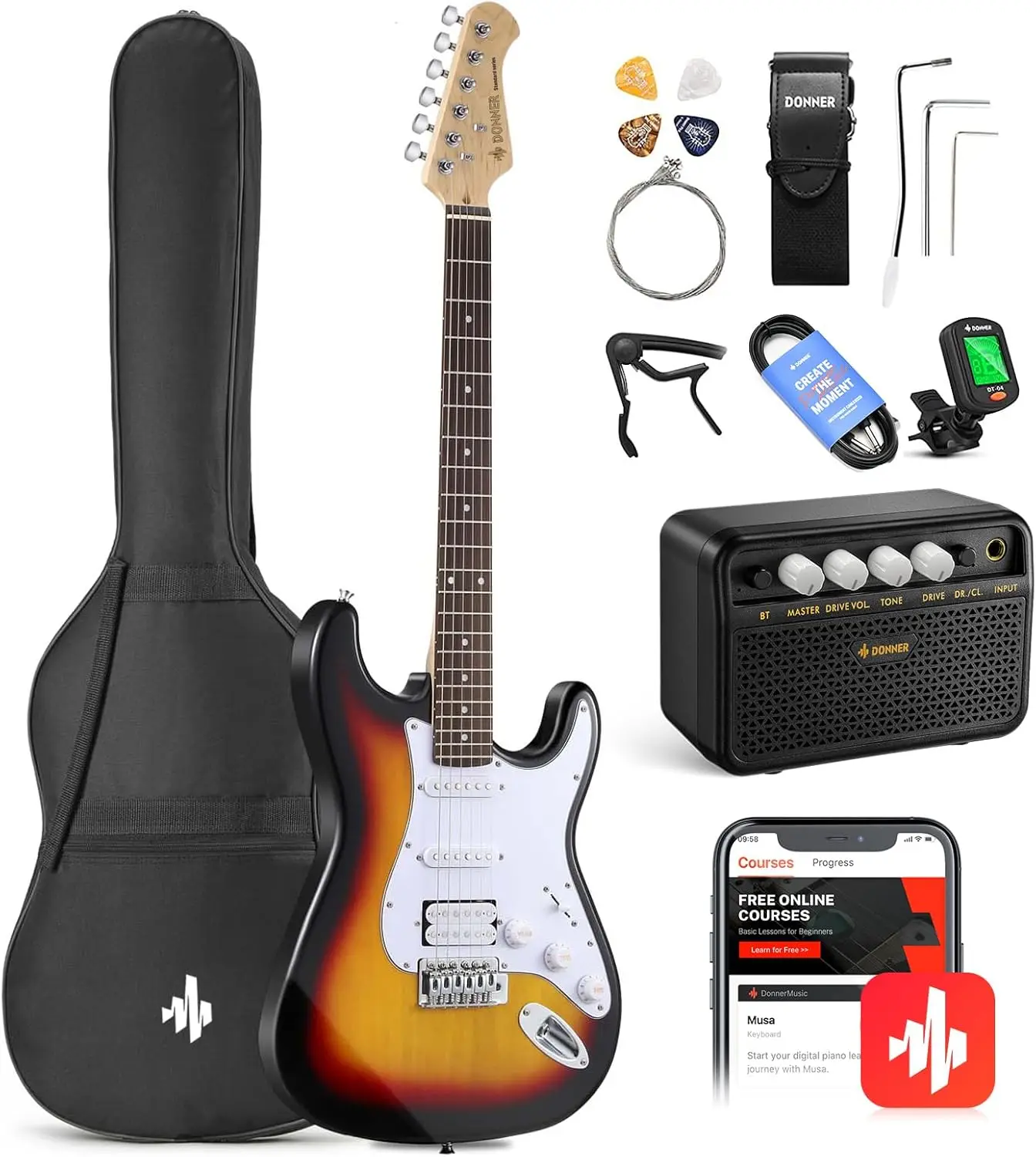 

Donner DST-100S 39 Inch Full Size Electric Guitar Kit Solid Body Sunburst, Beginner Starter, with Amplifier, Bag, Capo, Strap, S