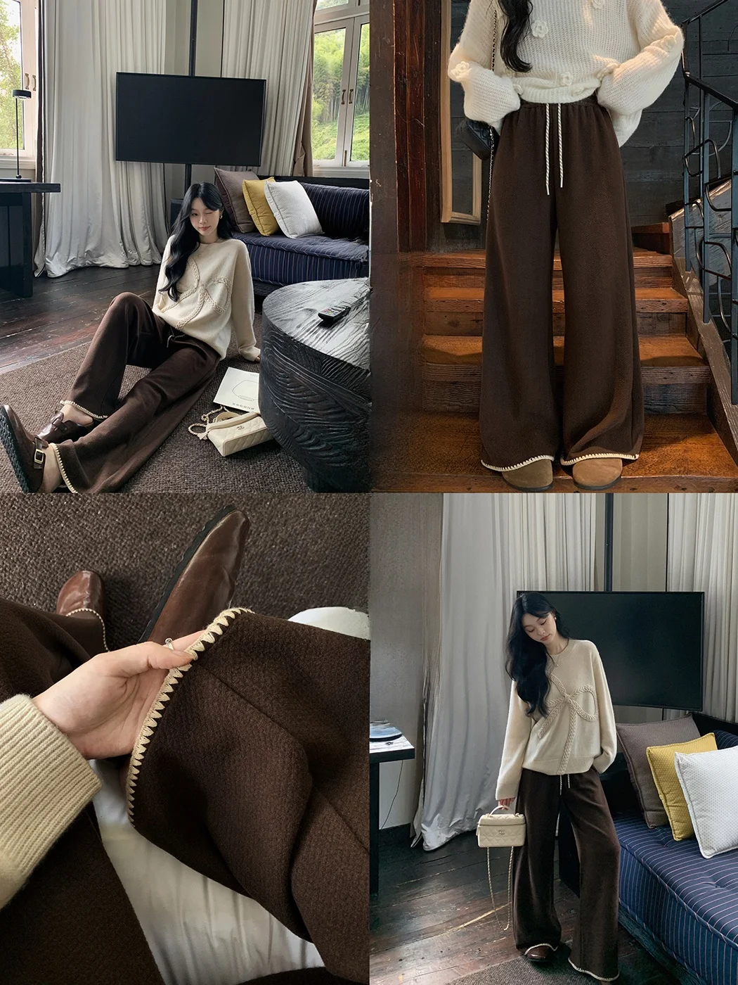 

Ibell Zhang Vintage Ethnic Sle ell Embroidery Wide Leg Pants Women's Knitted Wool Dstring Casual Pants