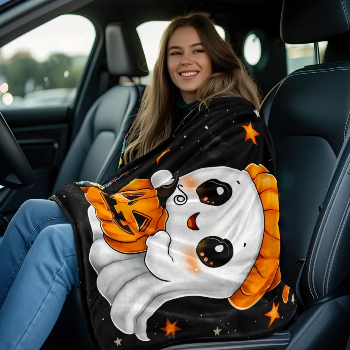 A Lightweight Throw Blanket Featuring a 2D Flat Design of a Pumpkin Ghost, Perfect for Use on a Sofa, During Travel, Camping, Or