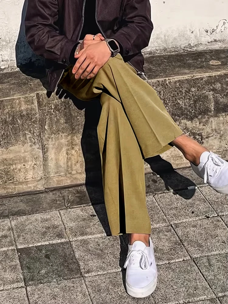 Streetwear Fashion Mens Suit Pants 2025 Spring Summer Casual Loose Straight Trousers Men Vintage Solid Belt-up High Waist Pants