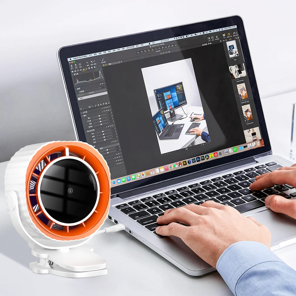 Con flujo de aire fuerte de 4 velocidades, ventilador de refrigeración de flujo de aire fuerte súper silencioso, pequeño ventilador de escritorio con Clip, carga USB para exteriores