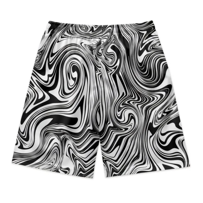 Black Marbled Print Men's Polyester Drawstring Waist Shorts Quick Dry Breathable Beach Shorts Casual Sport Shorts