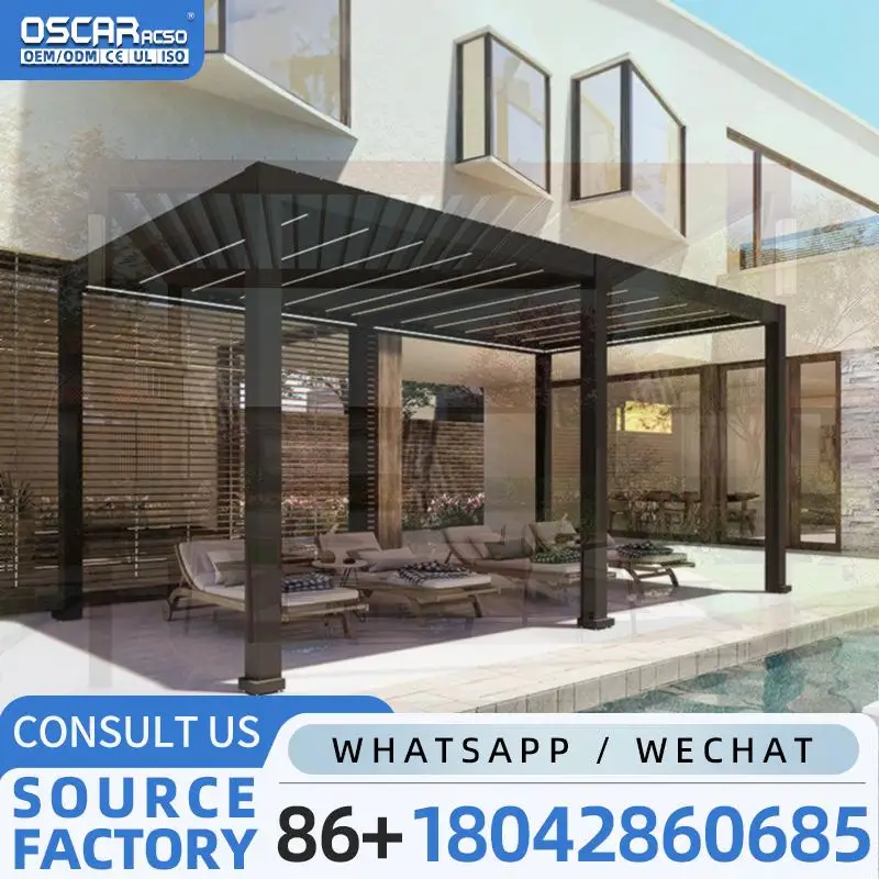Pergola bioclimatique en aluminium imperméable pour extérieur, toit à lamelles rétractables et pliab
