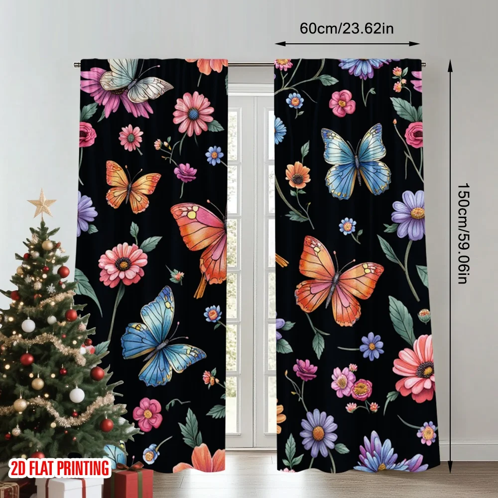 2 قطعة 2D الطباعة المسطحة المشهد الستار نابضة بالحياة فراشة الأزهار الرقمية المطبوعة البوليستر الستائر احتفالية جدار ديكور استخدام لقضاء عطلة #2