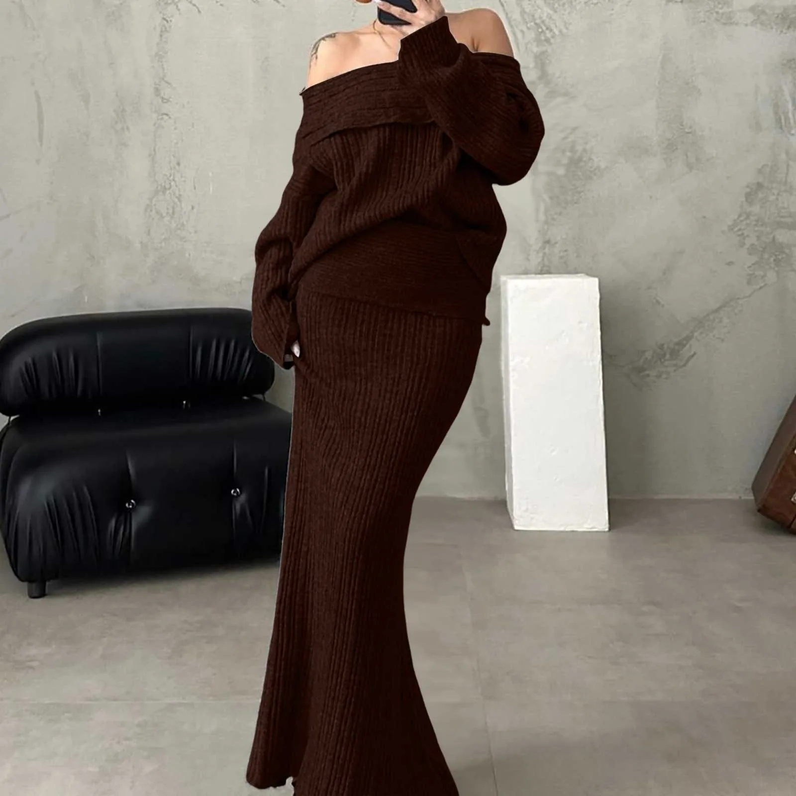 Knitted Off Shoulder Long Sleeved Slim Fit Dresses Elegant Solid Color High Waisted Women'S Dress New Lady Party Streetwears