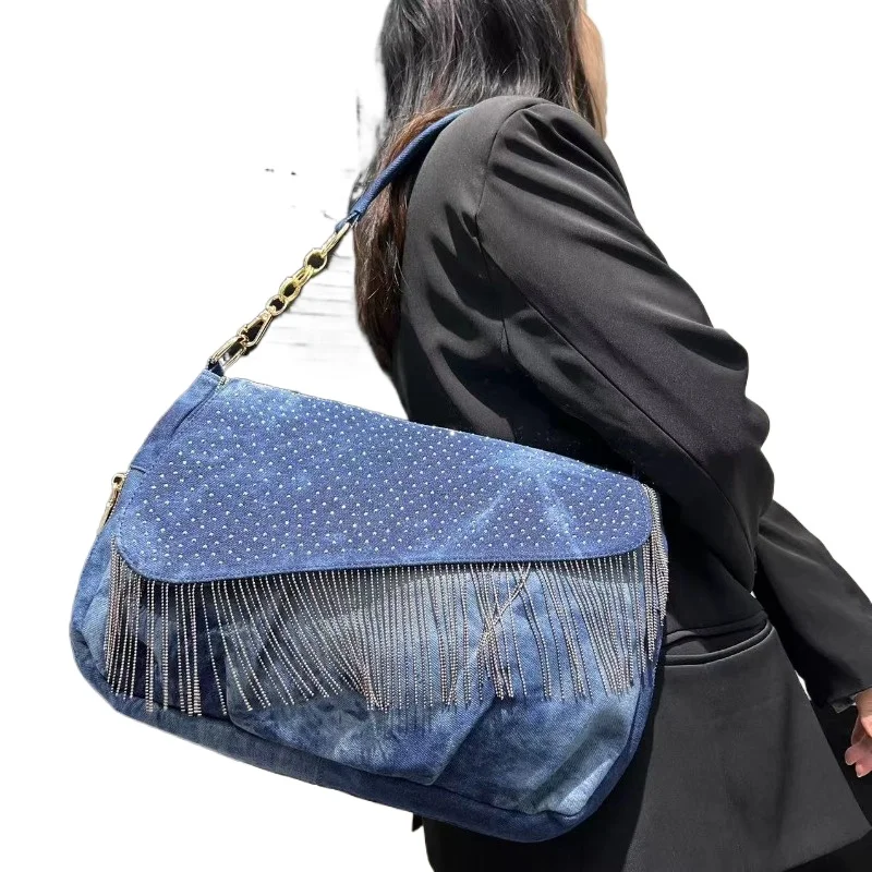 

Women's Denim Washed Denim Diamond Jewelry Shoulder Bag Large Capacity Gypsy Star Fringed Messenger Bag High Appearance Level