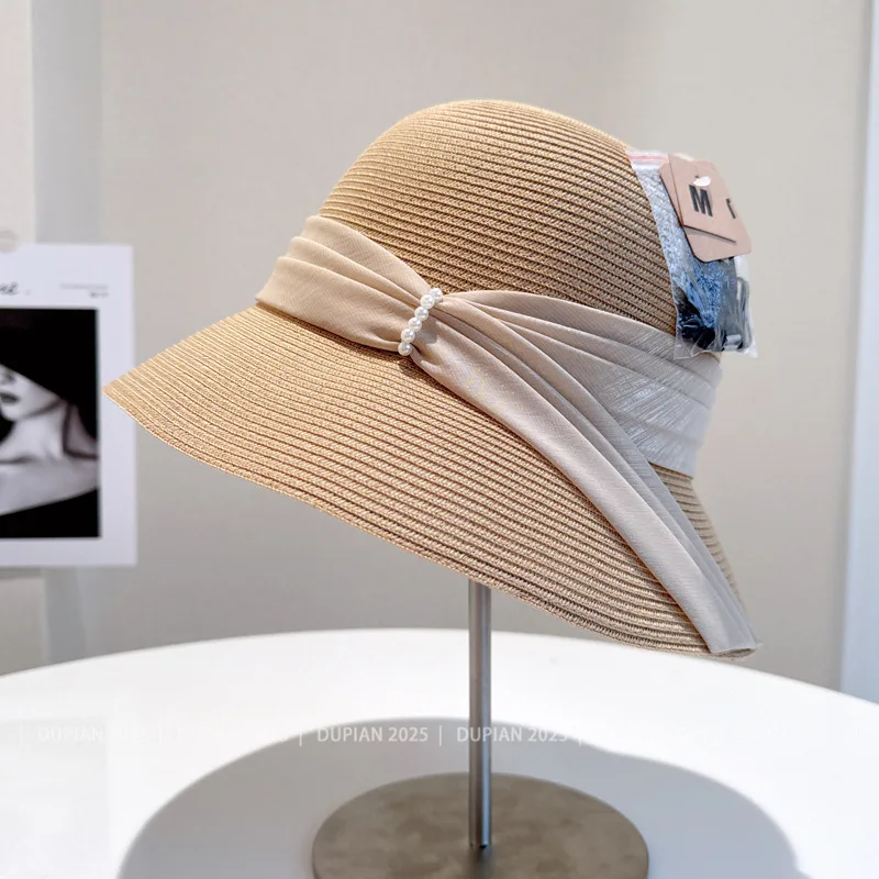 

Нежная и элегантная плиссированная рыбацкая шляпа в стиле Хепберн с жемчужной пряжей, женская летняя пляжная шляпа с защитой от солнца для отдыха на открытом воздухе