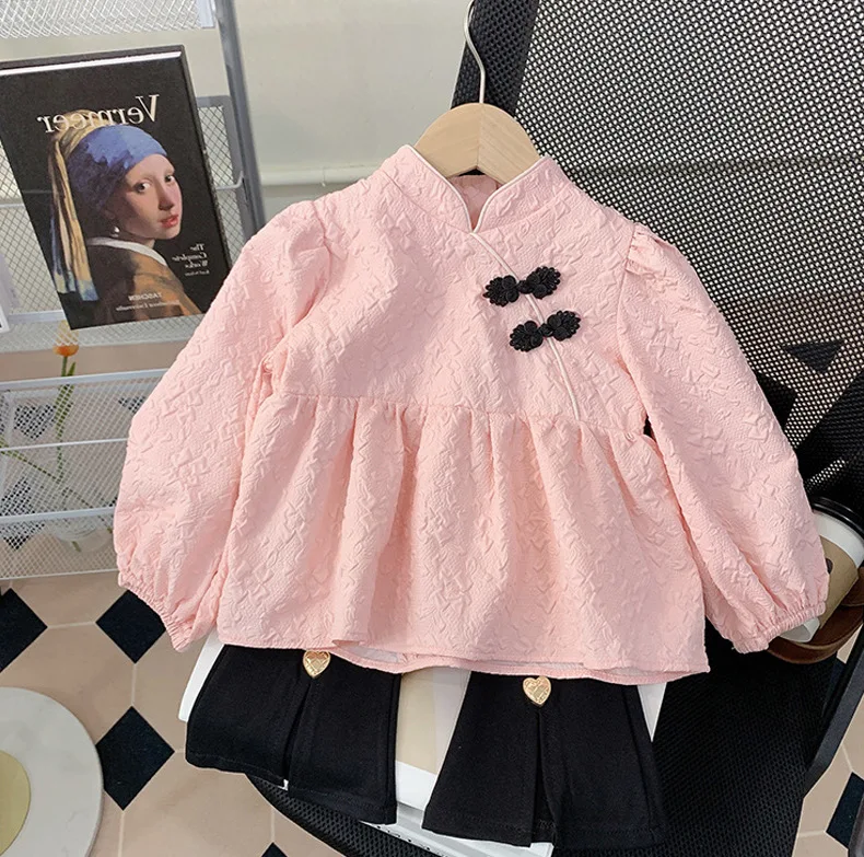 Spring Autumn 1-8Y Girls 2PCS Clothes Set Round Collar Side Buckle Kids Girls Pullover Heart Button Baby Girls Flared Pants Suit