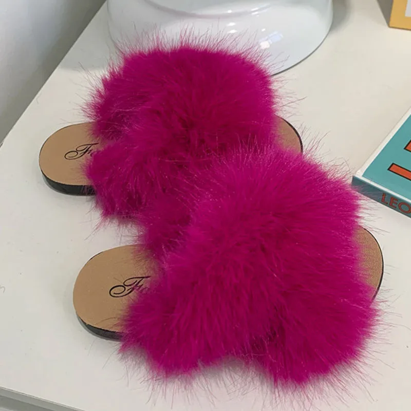 Faux Fur Slippers Children Home Flat Slides Furry Summer Shoes Soft Sole Kids Slippers for Girls Shoes Indoor Flip Flops CSH1420