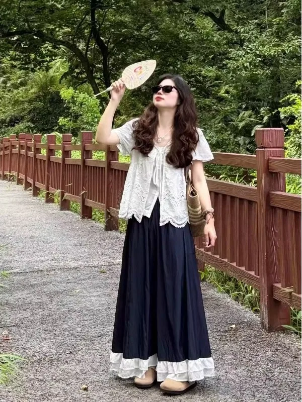 Top Casual de Escritório para Mulheres Plus Size com Bordado em Renda e Decote em V, Estilo Slimming e Fashionável Coreano