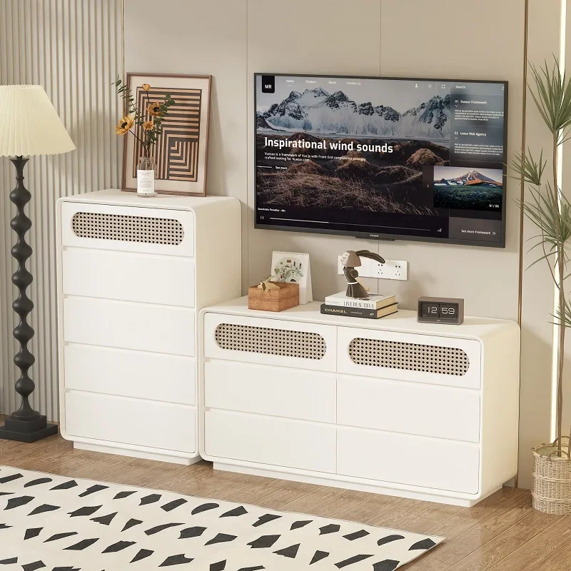 White solid wood rattan five or six chest cabinet, bedroom, bedside drawer, storage cabinet, living room locker, integrated