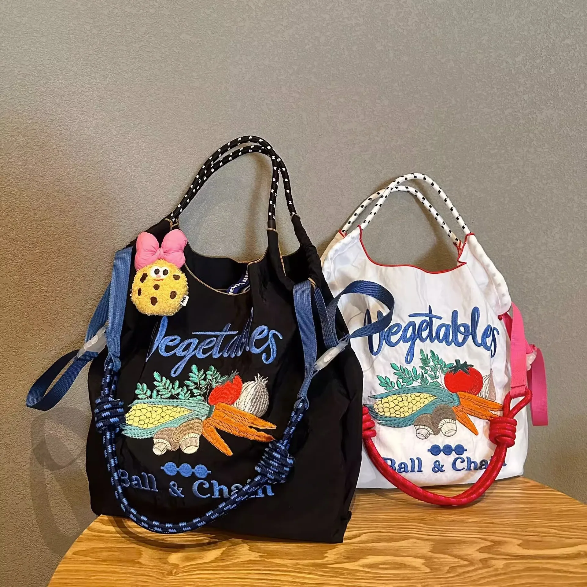 Kawaii Ball Chain Vegetable Embroidery Bag Women\'s Anime Cartoon New Nylon Handbag Large Capacity Casual Shopping Bag Gifts