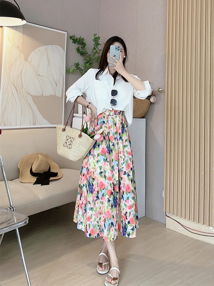 Cotton Floral Skirt Women 2023 Spring Summer Autumn Long printed Skirt High Waist Grace Fashion Puff Skirts Elegant Mujer 5XL