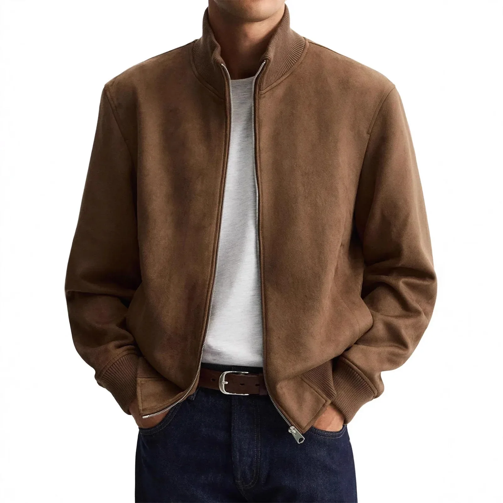 Autumn Winter Street Style Fashion Suede Fabric Jacket for Men Stand Collar Slim Outerwear Coat Man Business Casual Jackets