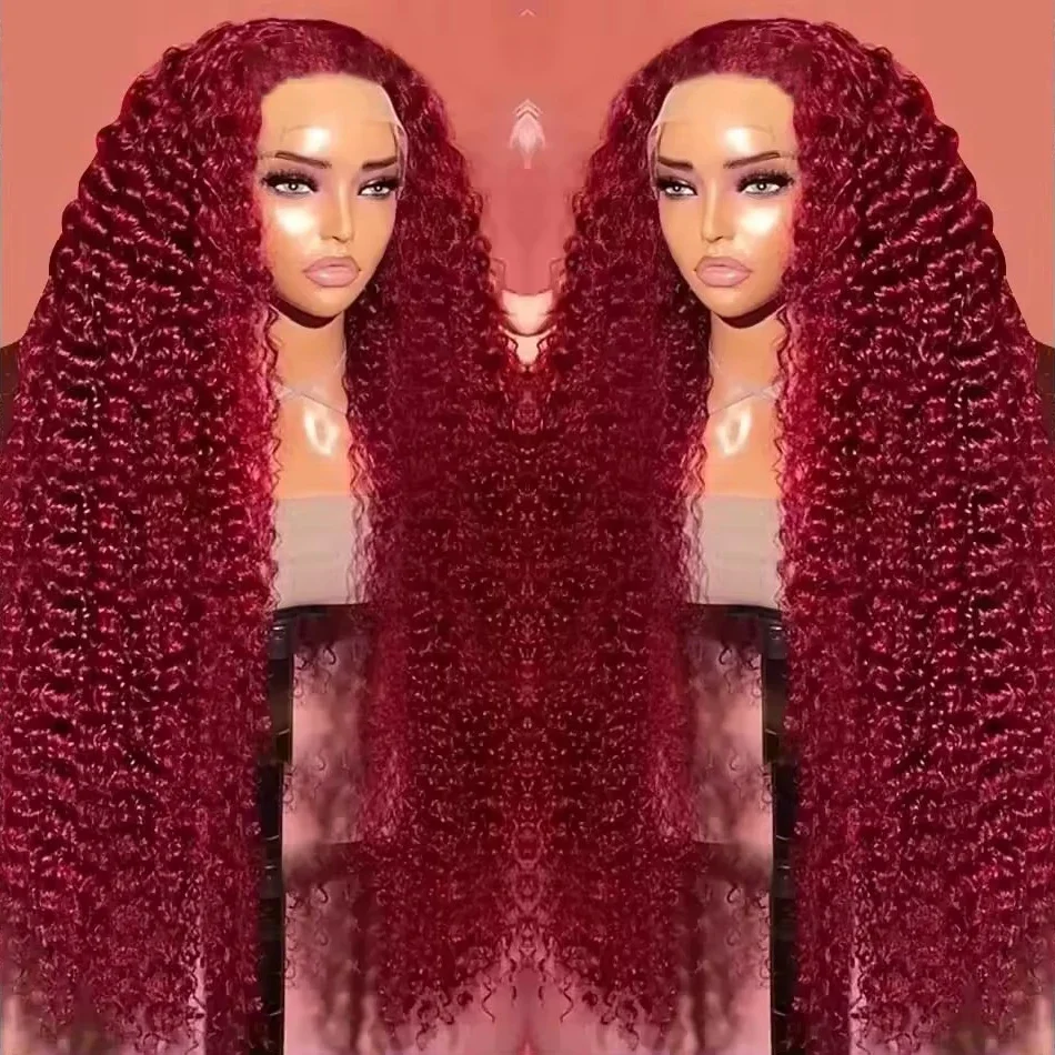 

250 Density 99J Burgundy Curly 13x6 Hd Lace Frontal Wig Human Hair 30 34Inch 13x4 Water Deep Wave Red Colored Wig For Women