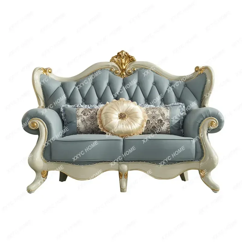 XX Luxury 3 Piece Sofa Set Top Grain Leather Solid Wood Gray Living Room Furniture Tufted Sectional Home