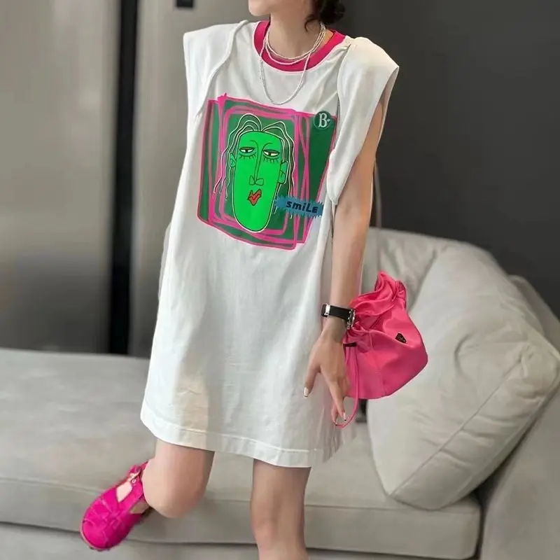 Belle surdimensionnée mode décontracté sans manches t-shirt robe d'été ample impression Patchwork col rond robe Midi femmes vêtements irréguliers