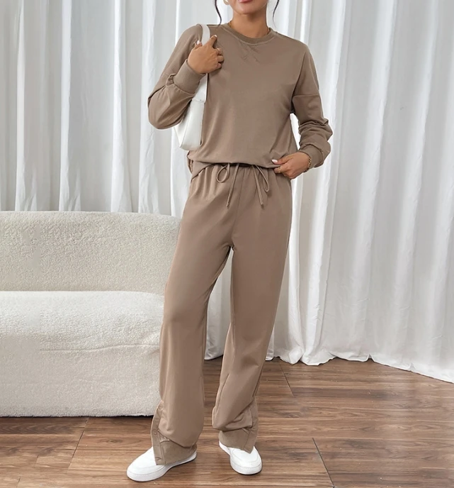 Two Piece Hoodie Set Solid Color Round Neck Casual Suit Minimalist and Personalized Commuting Two-Piece Set for Women