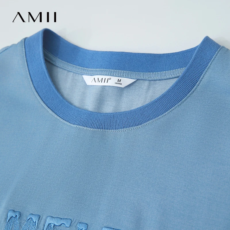 Amii Minimalist Women T-shirt Size 2025 Summer New Letter Embroidered TR Denim Loose Office Lady Slim Colorblocked Tops 12522017