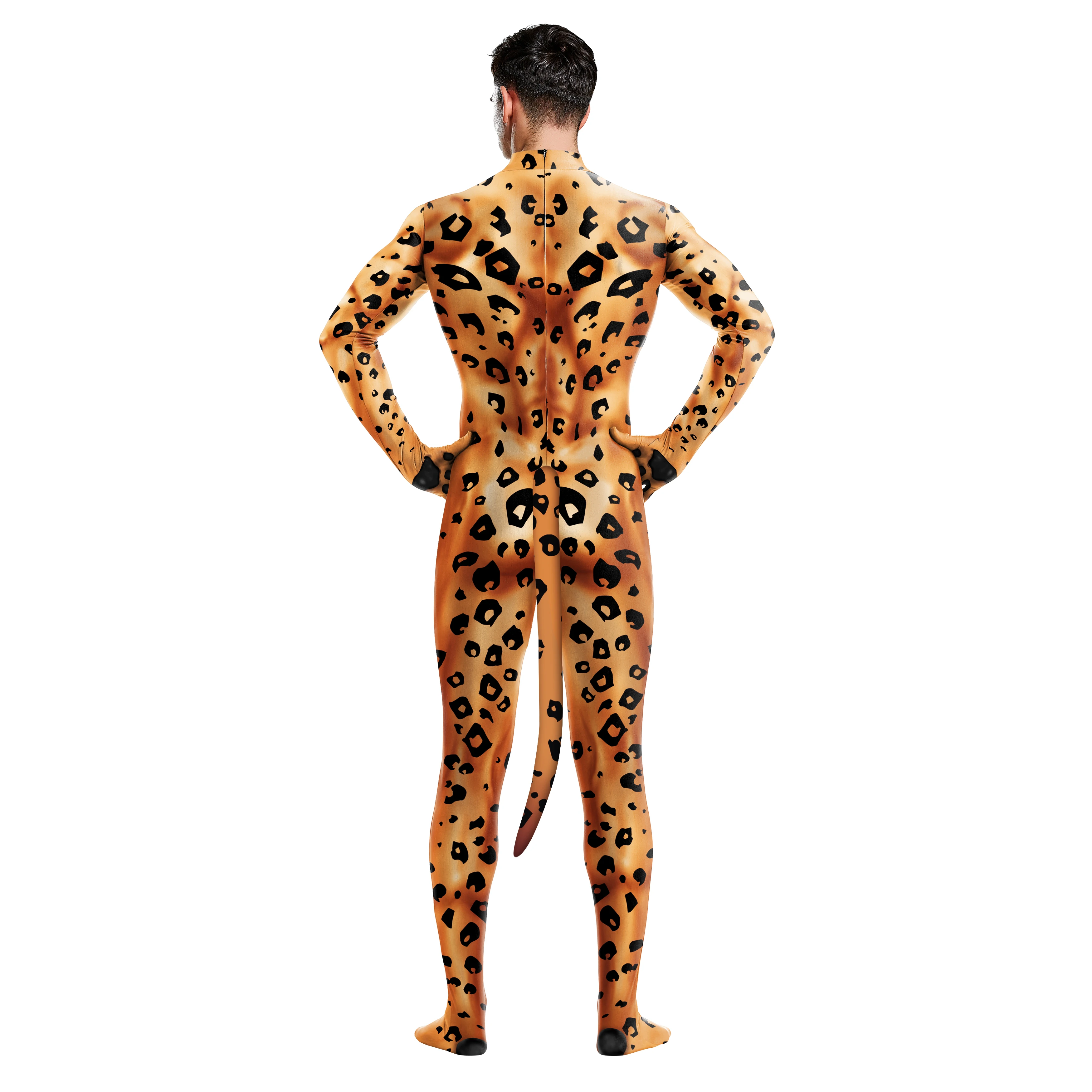 Halloween Animal Tiger Pattern Printing Cosplay Costume Man Funny Long Sleeve Bodysuit Party Jumpsuit Disguise Stage Clothes