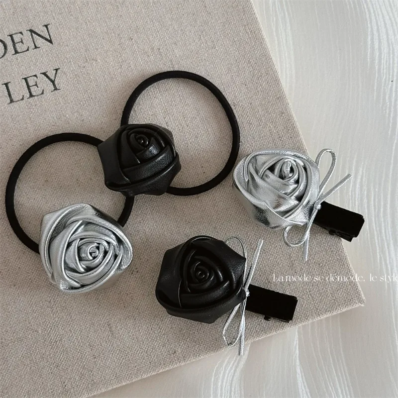 Black Silver Bow Imitation Leather Rose Blossom Hair Clip Fashionable Small Fragrance Style Side Bang Hairpin Headwear