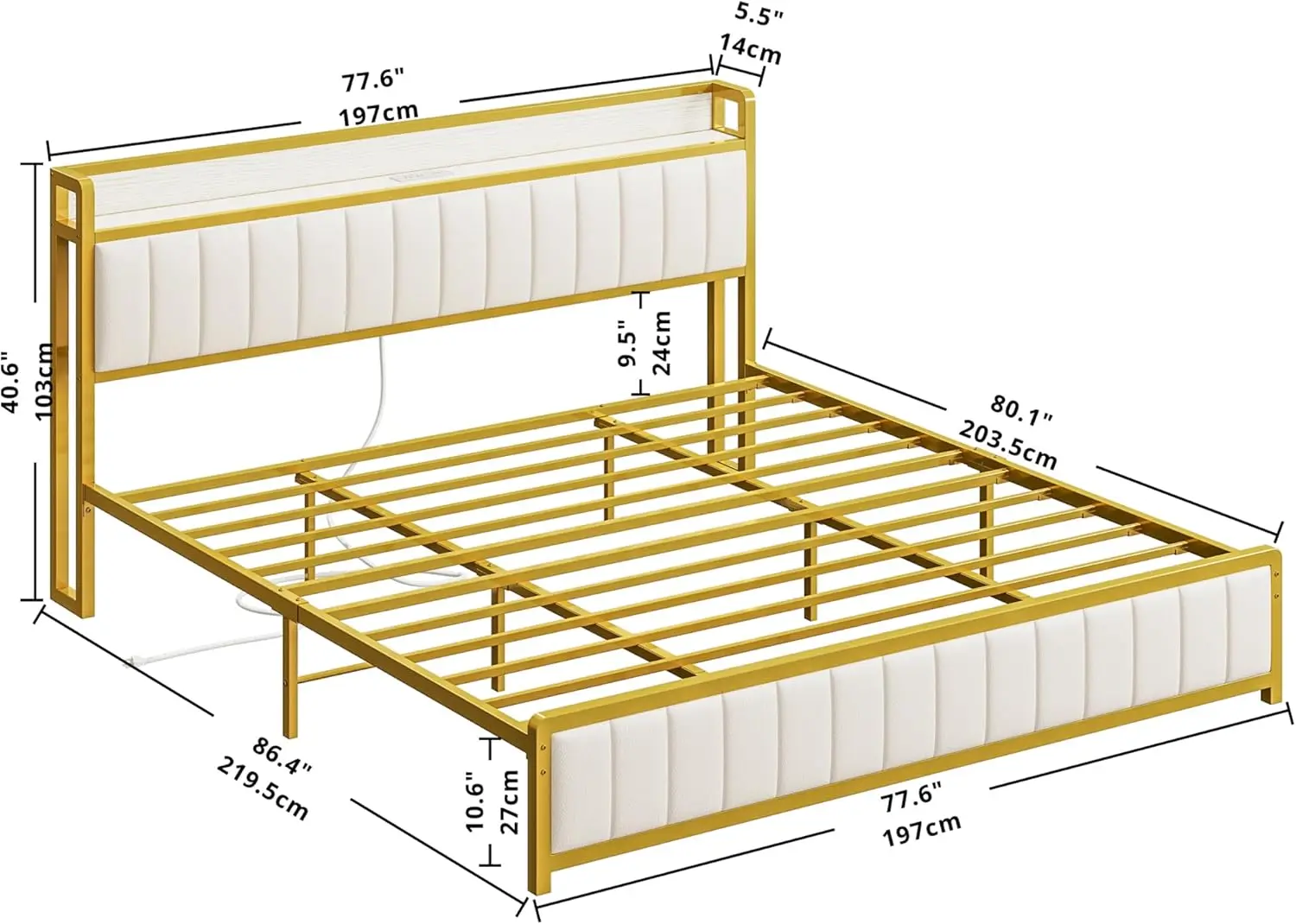 King Bed Frames, Storage Headboard with Charging Station, Solid and Stable, Noise Free, No Box Spring Needed, Easy Assembly