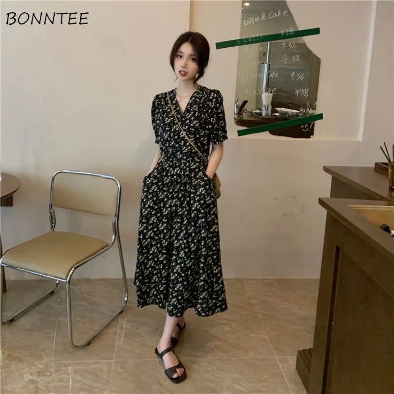 

Floral Dresses Women Vintage Temperament French Style Midi Tender V-neck Fashion Summer New Female Bodycon Holiday Casual Sweet