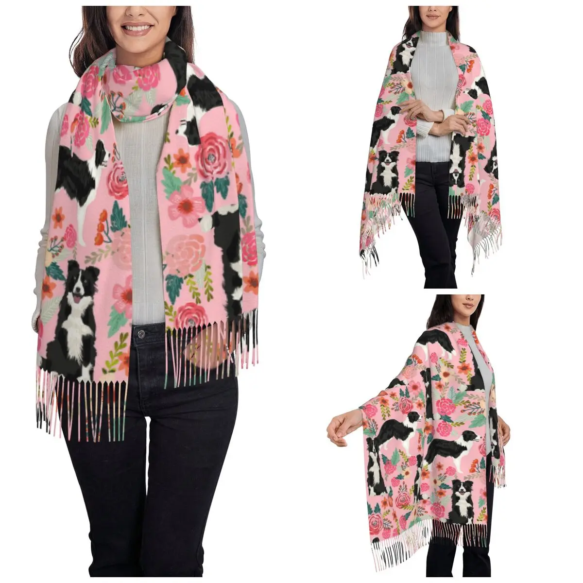 Border Collie Pink Floral Dog Shawl Wraps for Ladies Warm Long Soft Scarf Animal Reversible Tassel Scarves