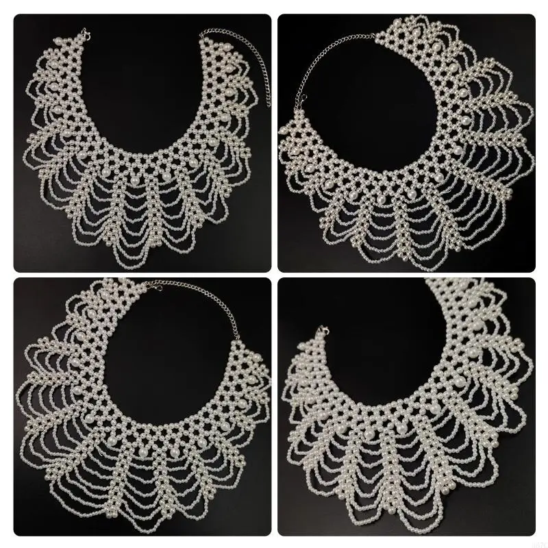 367C Women Imitation Pearl Beaded Bib Choker Necklace Flower Jewelry Decorative Gown Dress Detachable False Fake Collar