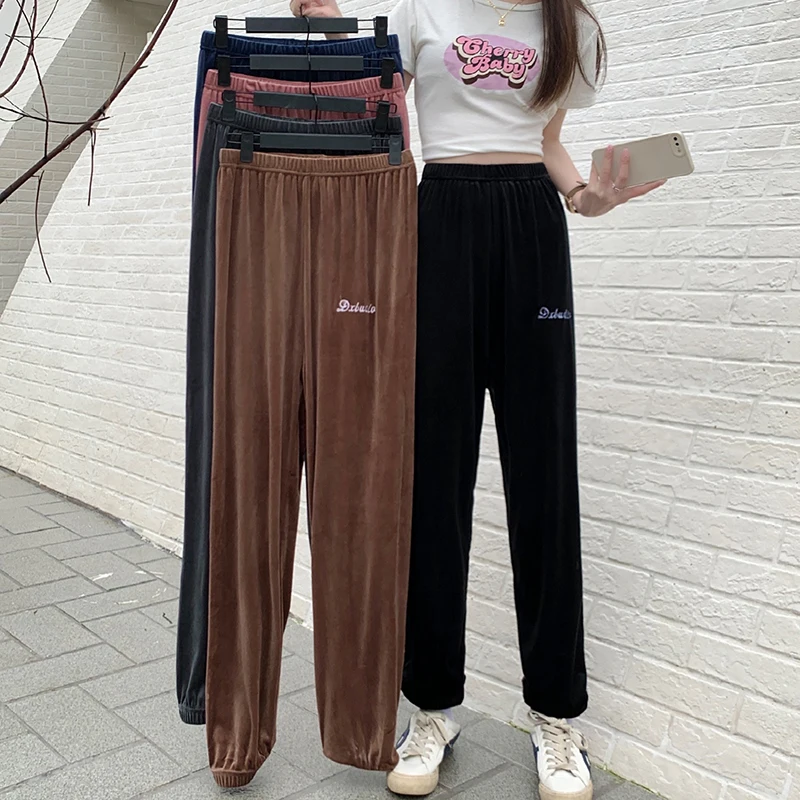 ITOOLIN Velvet Casual Pants Women  Elastic High Waist Version Loose High-Waisted Bloomers Solid Color Sports Pants Spring