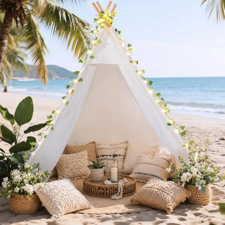 

Indoor outdoor beach tent for garden, party, backyard patio decor; waterproof cotton canvas; natural beige; heavy-duty eucalypt