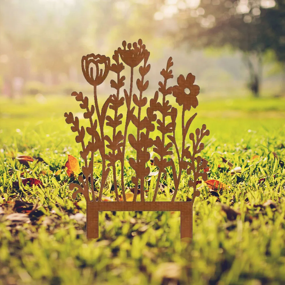 Tiki-Inspired 1PC Rustic Metal Wildflower Garden Stake - Vintage Yellow Outdoor Decor for Lawn & Pots. A Perfect Gift for Plant