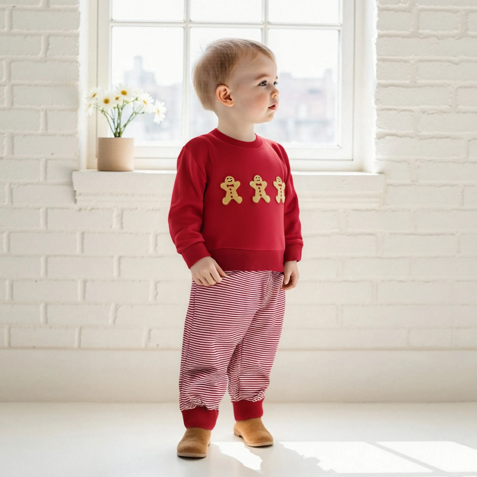 Baby Girls 2-piece Outfit, Embroidery Gingerbread Man Long Sleeve Sweatshirt with Striped Sweatpants Christmas Clothes