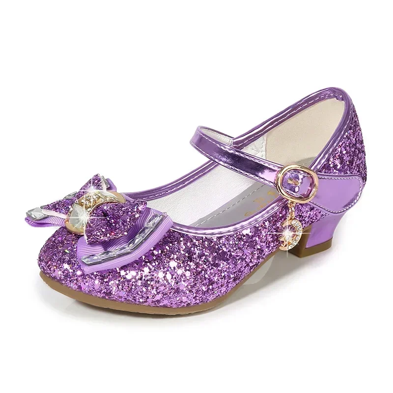 Girls Leather Shoes for Kids Bow Princess Shoes Fashion Sequined High-heeled Brand Designer Children Student Dance Shoe